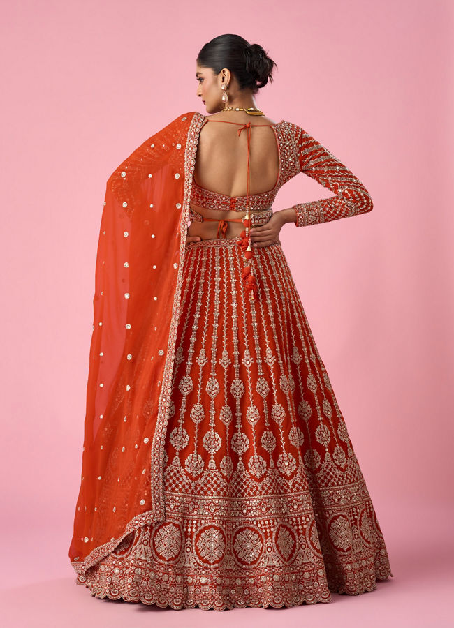 Mohey Women Orange Art Silk Bridal Lehenga with Sequin Work