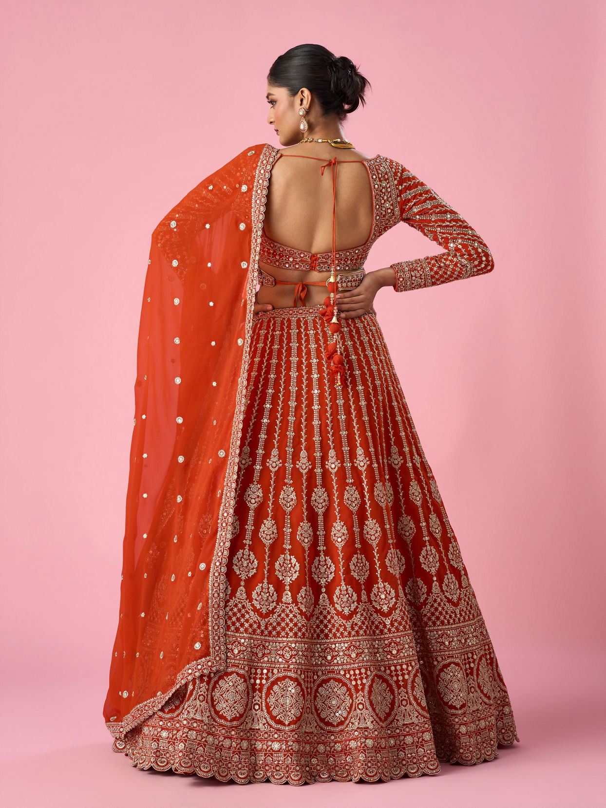 Mohey Women Orange Art Silk Bridal Lehenga with Sequin Work