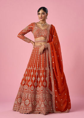 Mohey Women Orange Art Silk Bridal Lehenga with Sequin Work