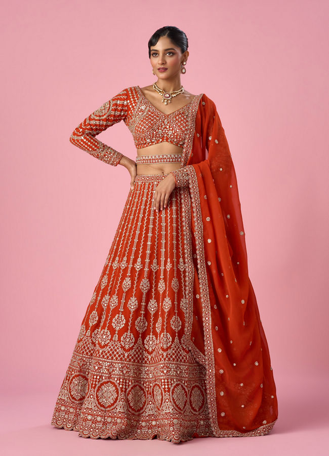 Mohey Women Orange Art Silk Bridal Lehenga with Sequin Work