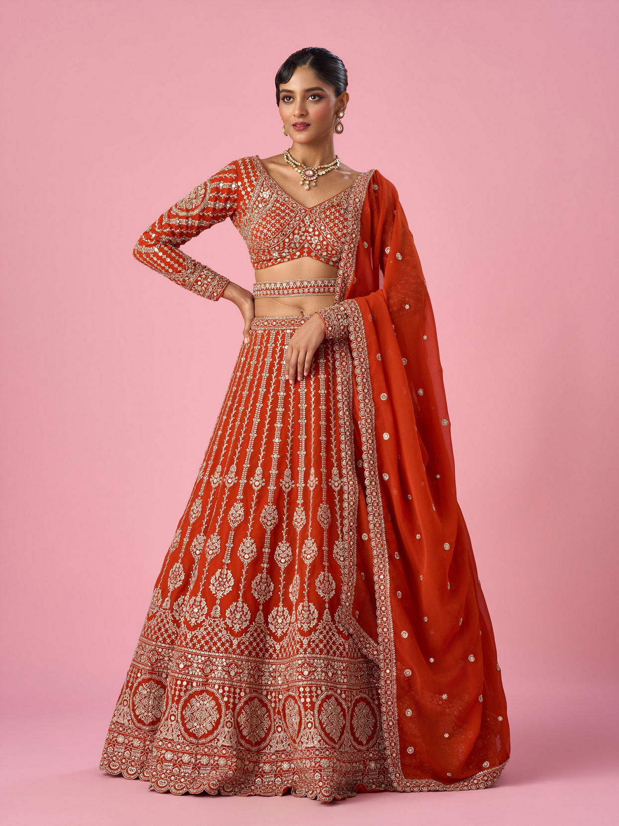 Mohey Women Orange Art Silk Bridal Lehenga with Sequin Work