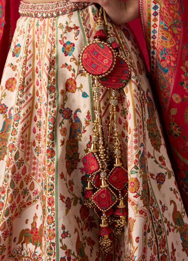 Mohey Women Cream Art Silk Lehenga with Hand Embroidery