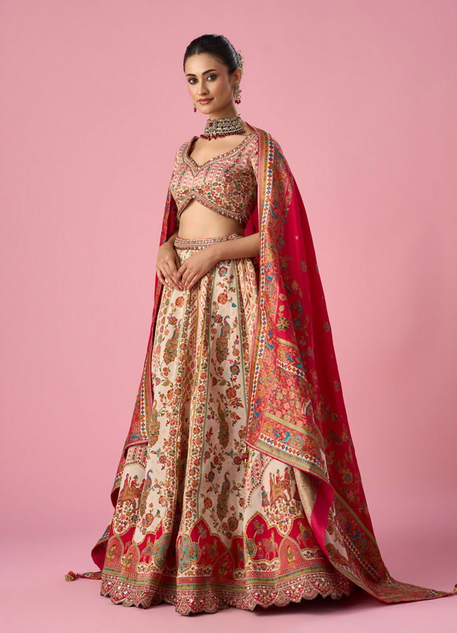 Mohey Women Cream Art Silk Lehenga with Hand Embroidery
