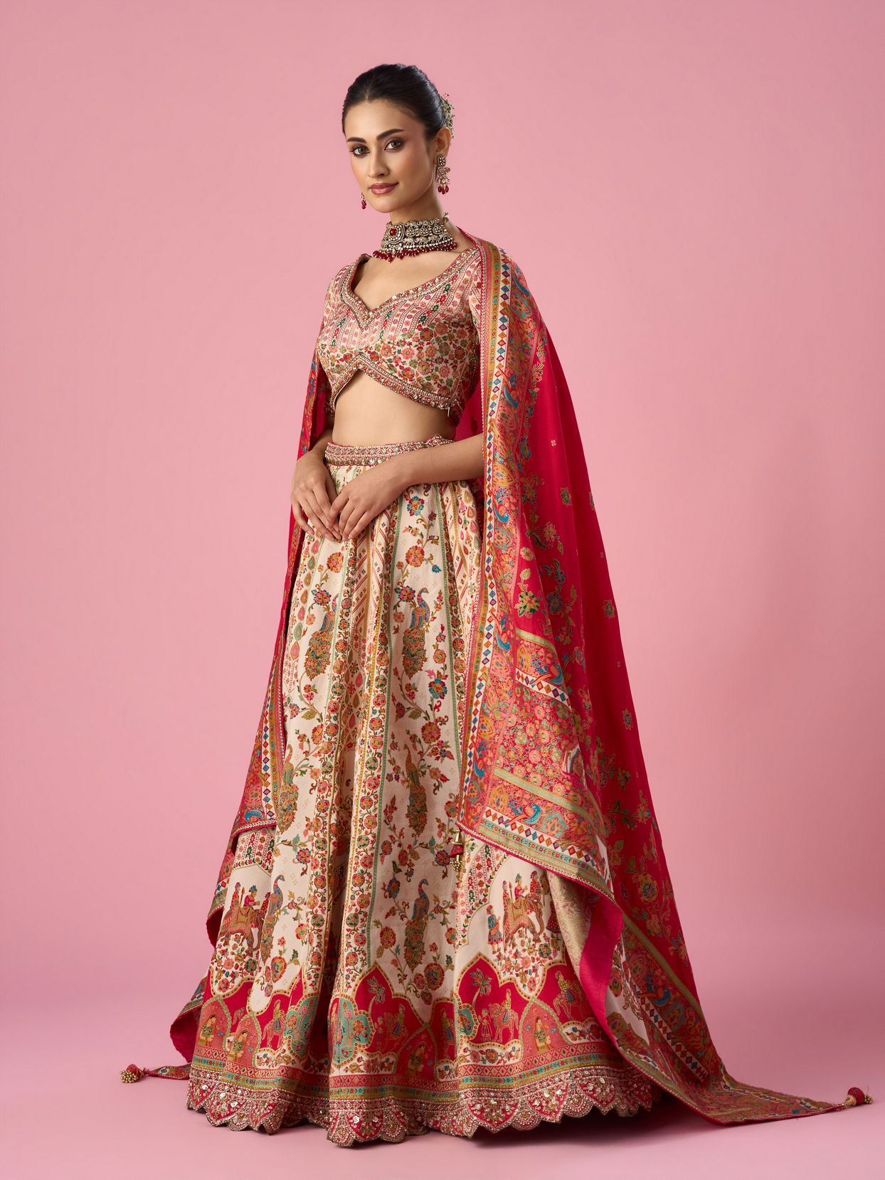 Mohey Women Cream Art Silk Lehenga with Hand Embroidery