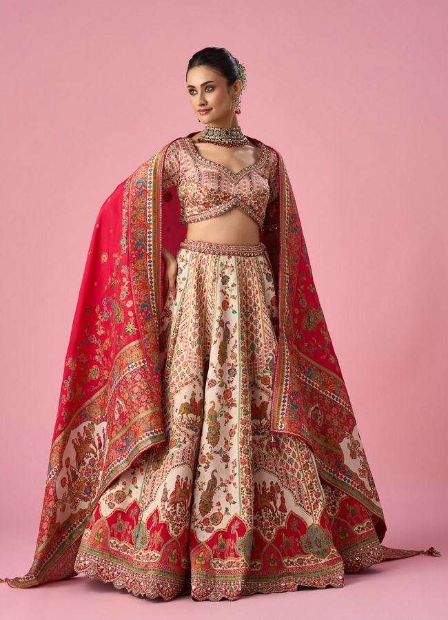 Mohey Women Cream Art Silk Lehenga with Hand Embroidery
