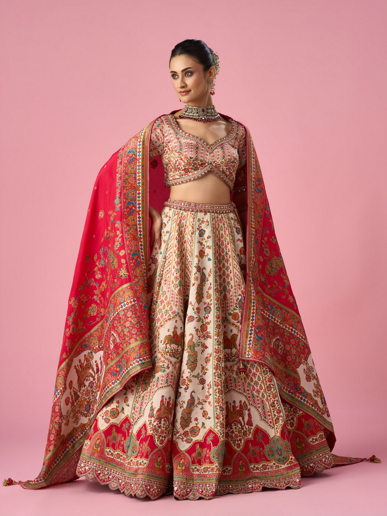 Mohey Women Cream Art Silk Lehenga with Hand Embroidery