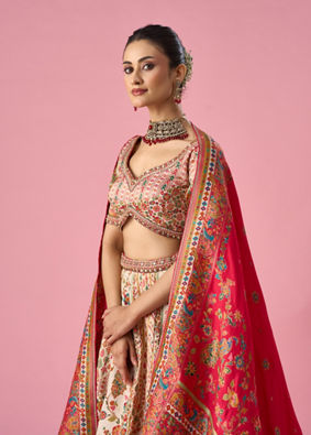 Mohey Women Cream Art Silk Lehenga with Hand Embroidery