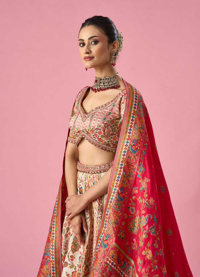 Mohey Women Cream Art Silk Lehenga with Hand Embroidery