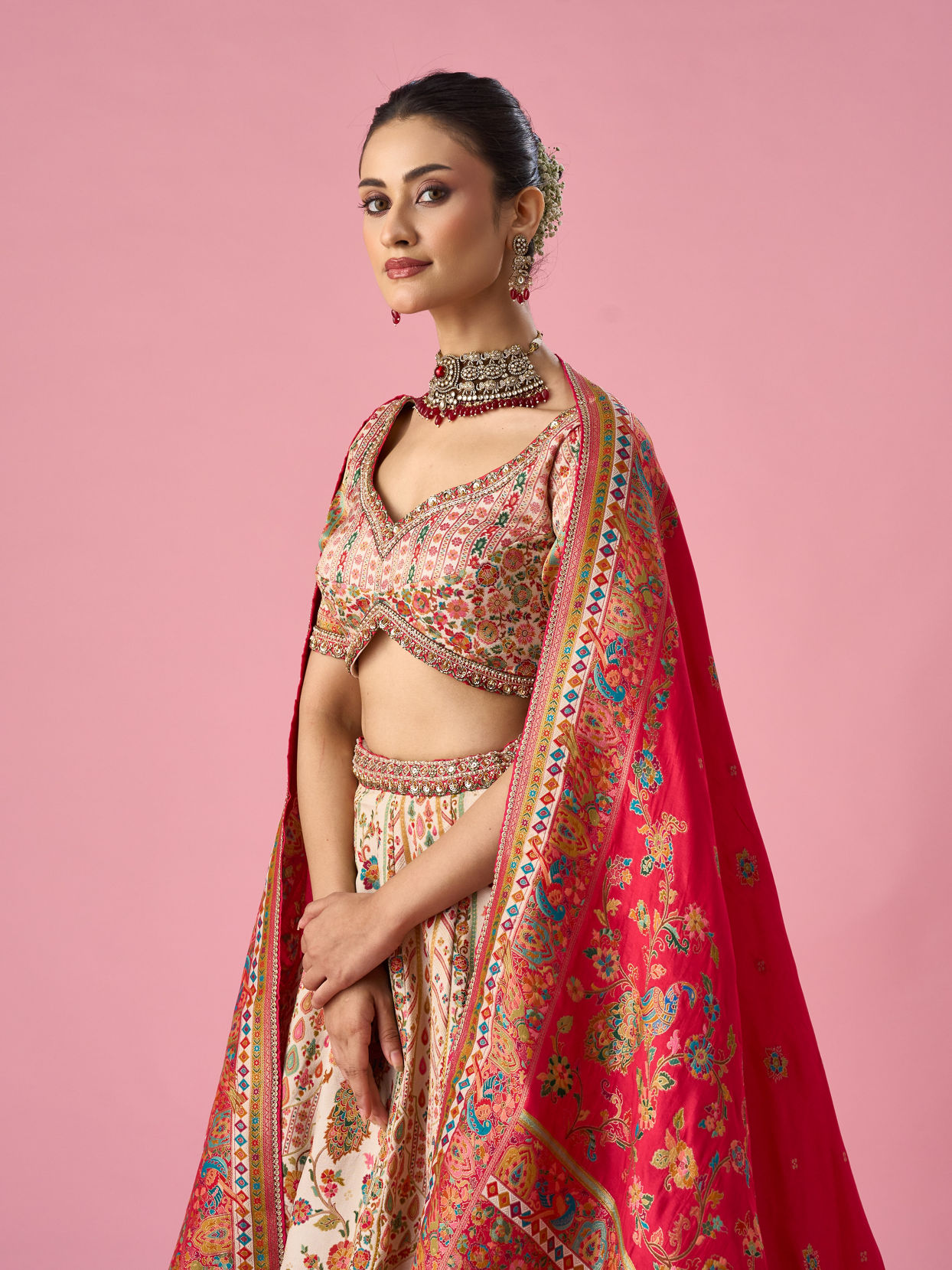 Mohey Women Cream Art Silk Lehenga with Hand Embroidery