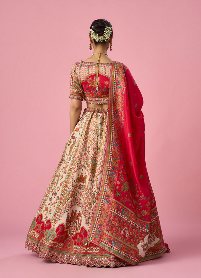 Mohey Women Cream Art Silk Lehenga with Hand Embroidery