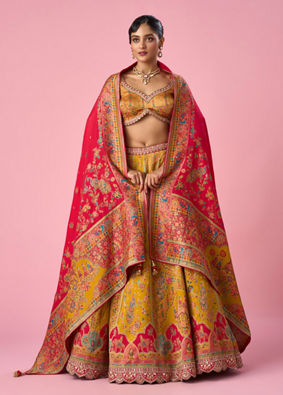 Mohey Women Mustard Yellow Art Silk Lehenga with Hand Embroidery