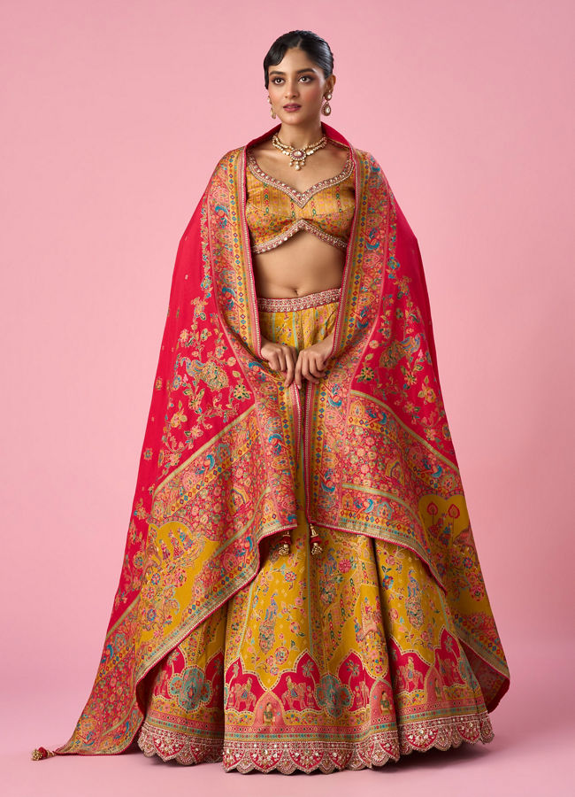 Mohey Women Mustard Yellow Art Silk Lehenga with Hand Embroidery
