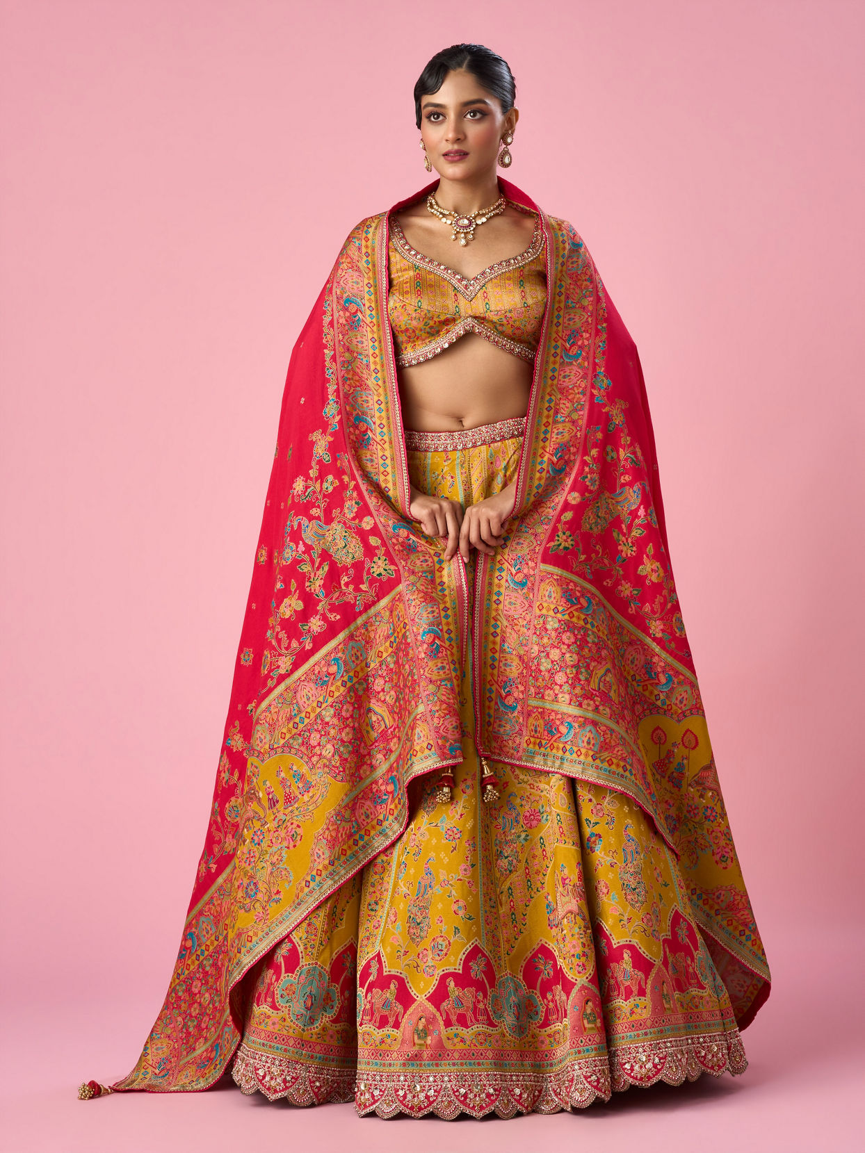 Mohey Women Mustard Yellow Art Silk Lehenga with Hand Embroidery