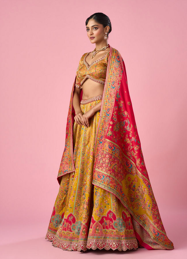 Mohey Women Mustard Yellow Art Silk Lehenga with Hand Embroidery