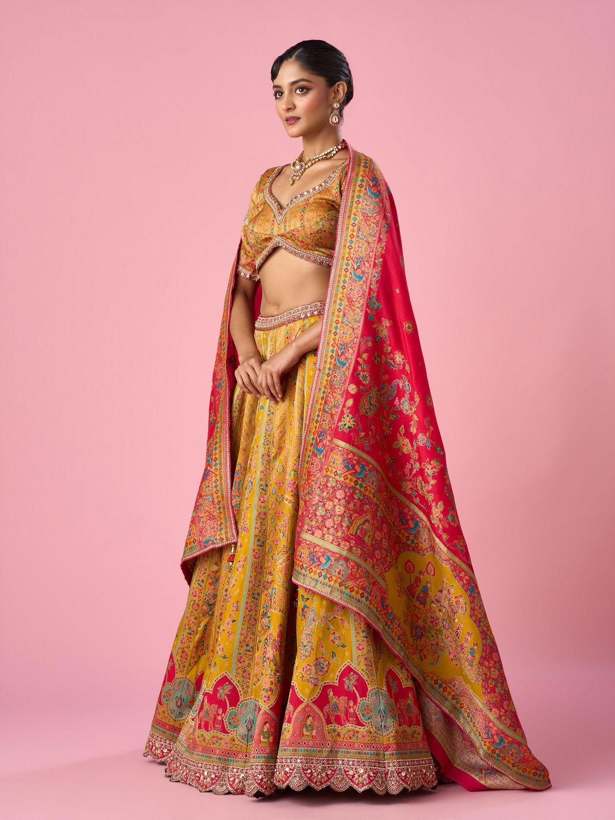 Mohey Women Mustard Yellow Art Silk Lehenga with Hand Embroidery