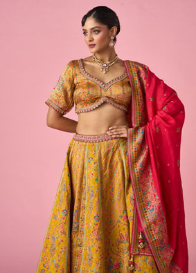 Mohey Women Mustard Yellow Art Silk Lehenga with Hand Embroidery
