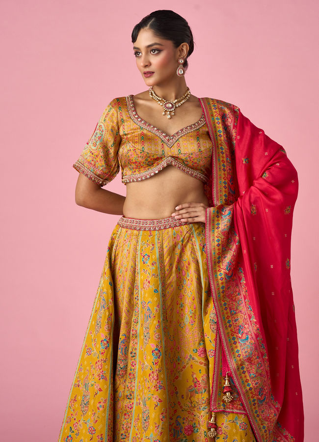 Mohey Women Mustard Yellow Art Silk Lehenga with Hand Embroidery
