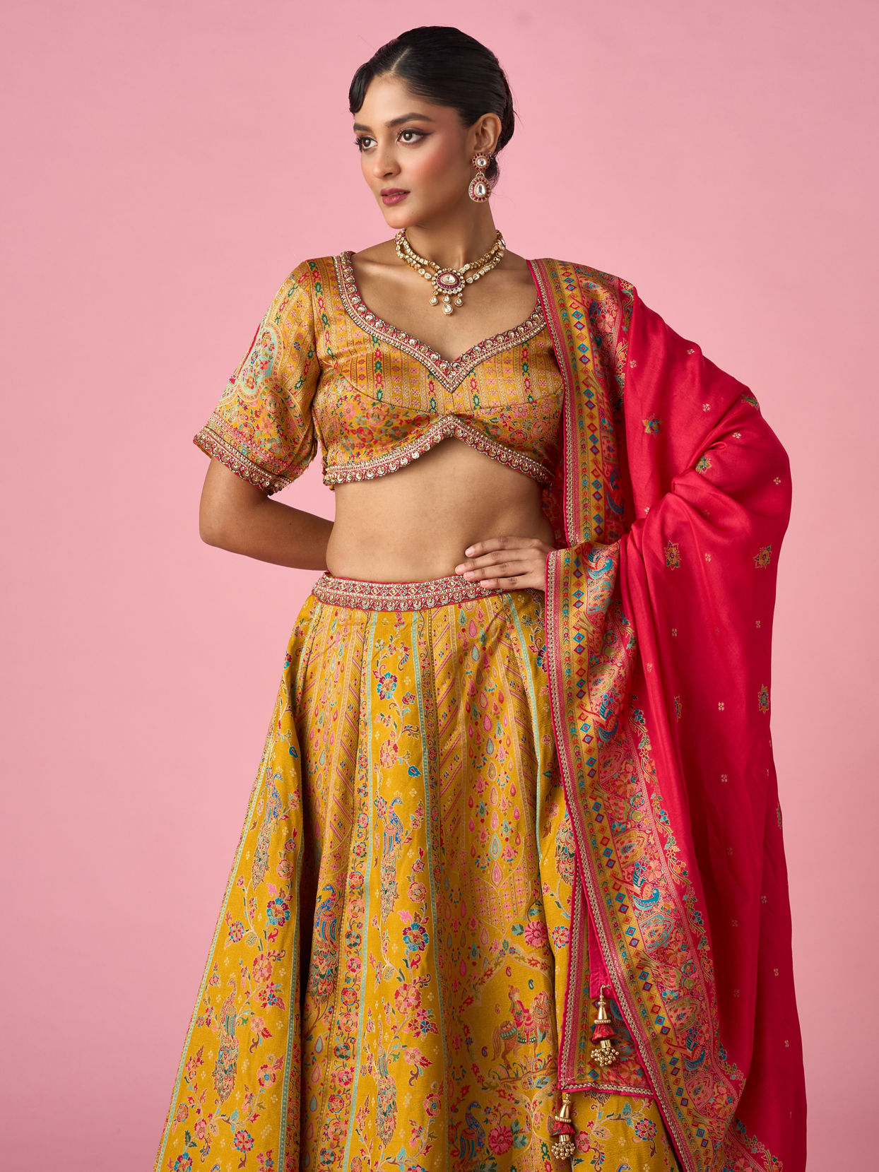 Mohey Women Mustard Yellow Art Silk Lehenga with Hand Embroidery