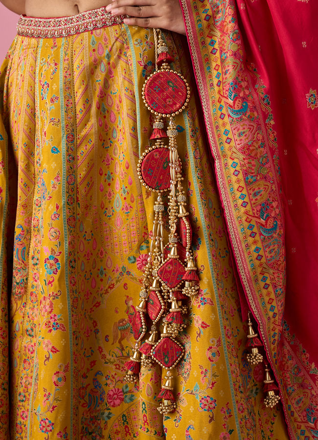 Mohey Women Mustard Yellow Art Silk Lehenga with Hand Embroidery
