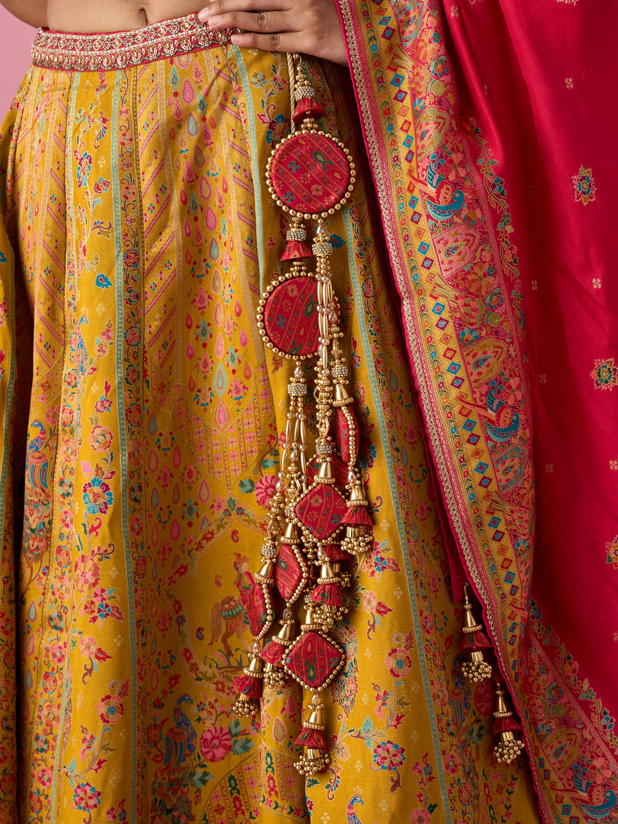 Mohey Women Mustard Yellow Art Silk Lehenga with Hand Embroidery