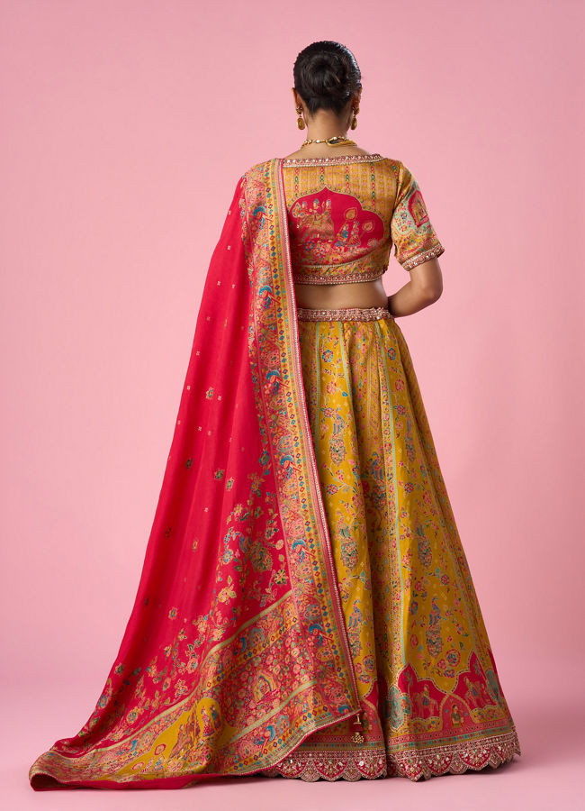 Mohey Women Mustard Yellow Art Silk Lehenga with Hand Embroidery
