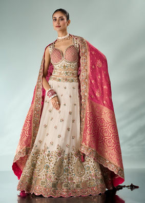 Mohey Women Pink and Cream Chinon Lehenga with Hand Embellished Skirt