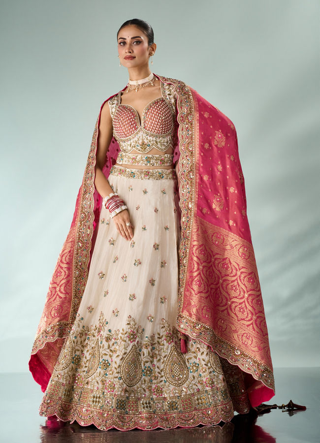 Mohey Women Pink and Cream Chinon Lehenga with Hand Embellished Skirt