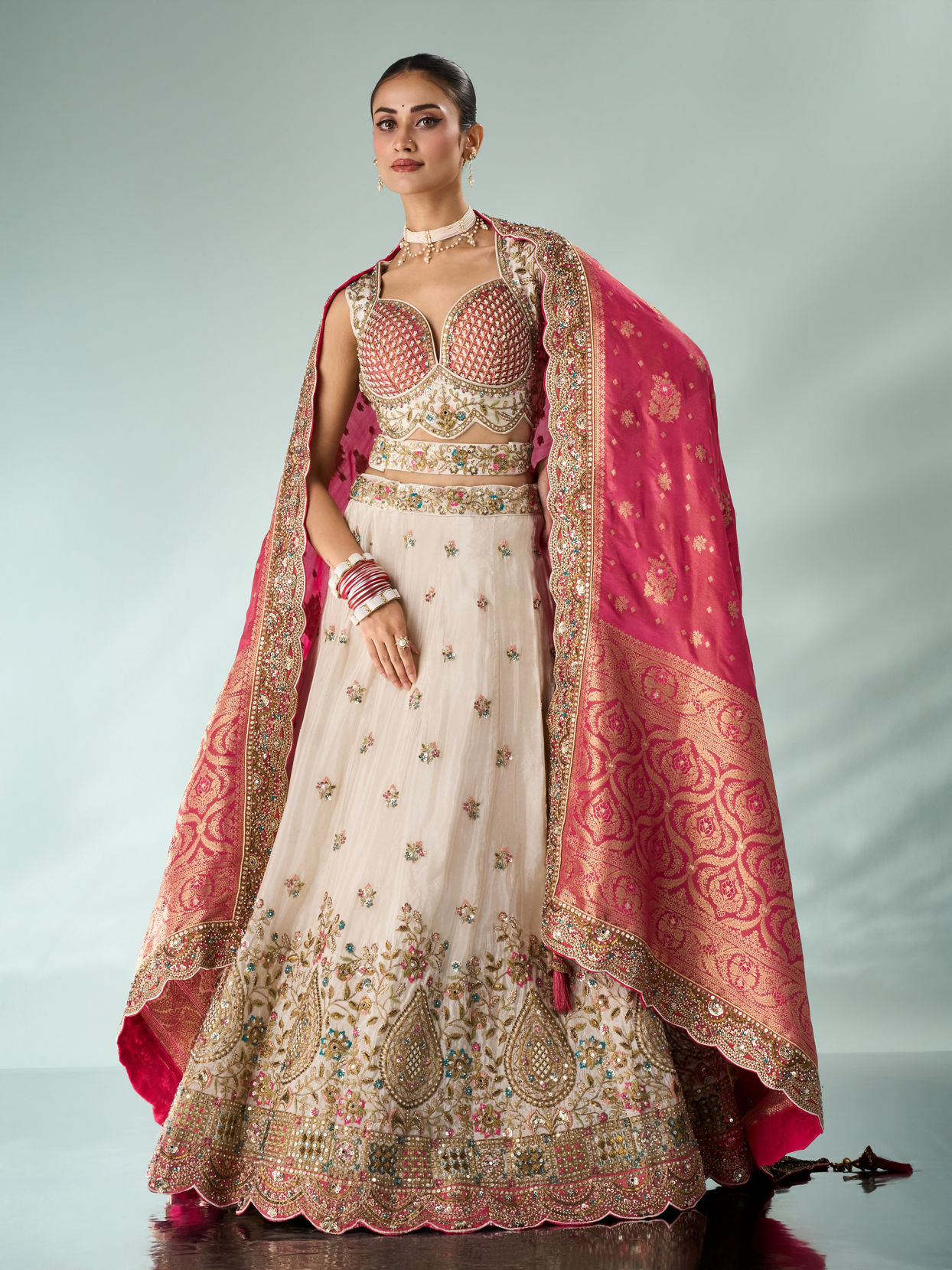 Mohey Women Pink and Cream Chinon Lehenga with Hand Embellished Skirt