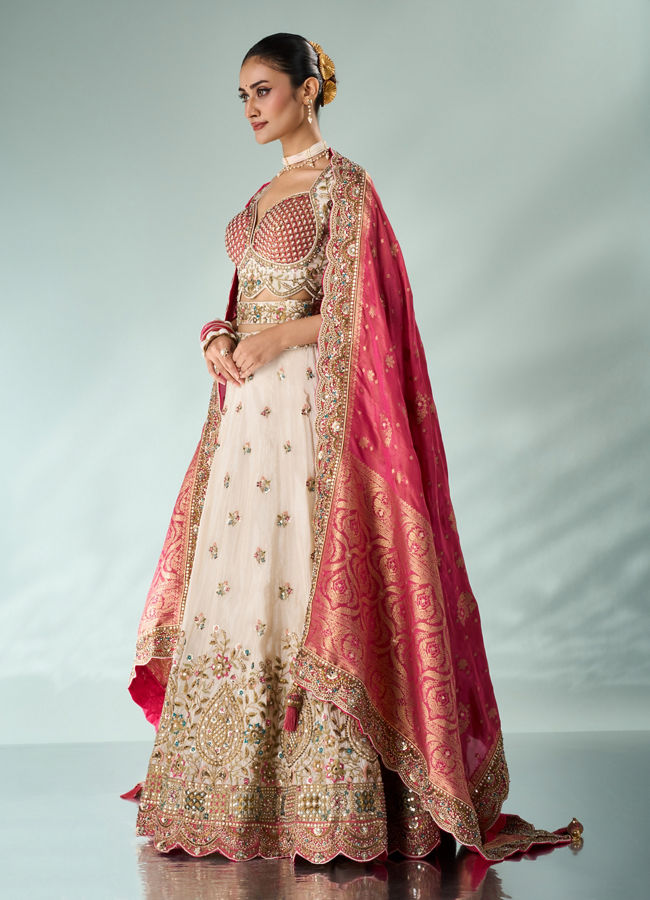 Mohey Women Pink and Cream Chinon Lehenga with Hand Embellished Skirt