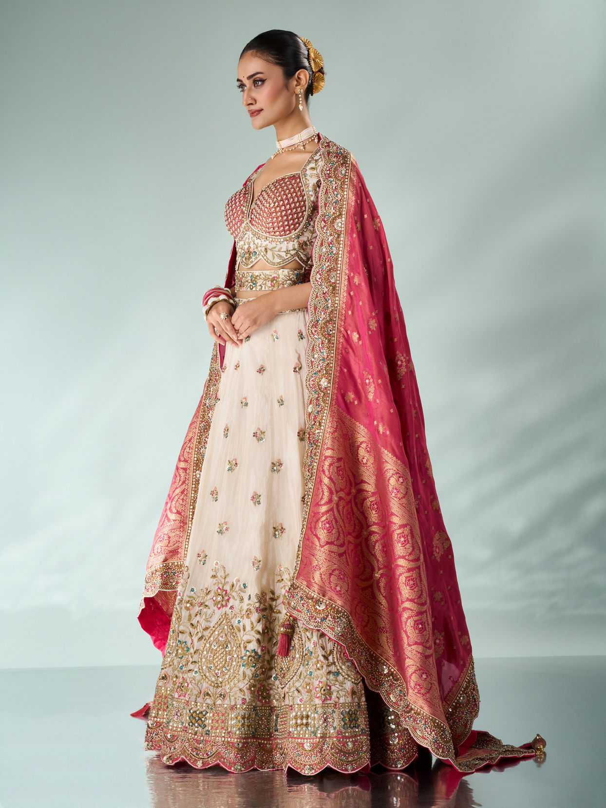 Mohey Women Pink and Cream Chinon Lehenga with Hand Embellished Skirt