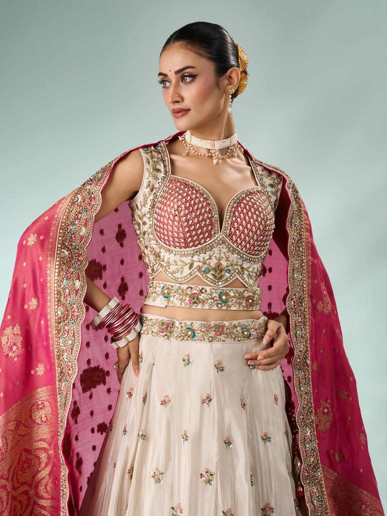 Mohey Women Pink and Cream Chinon Lehenga with Hand Embellished Skirt