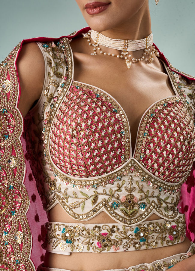 Mohey Women Pink and Cream Chinon Lehenga with Hand Embellished Skirt