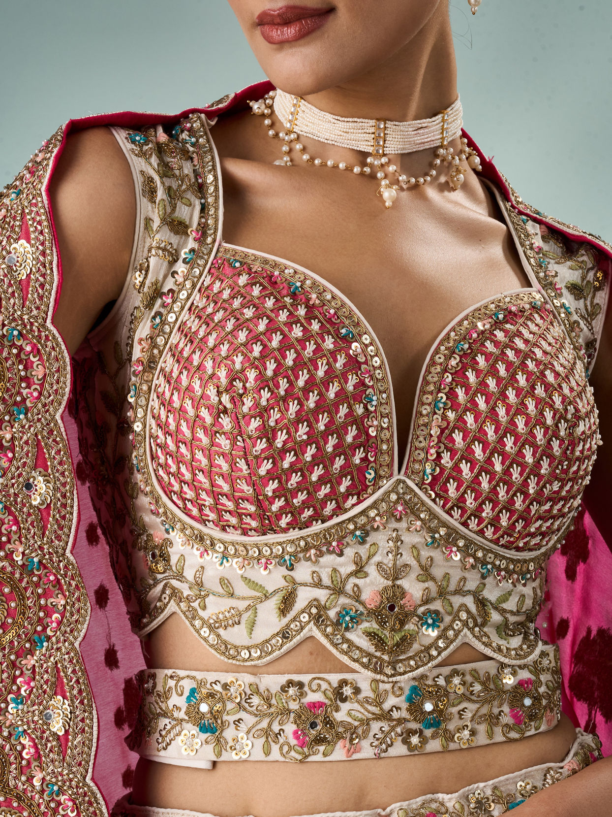 Mohey Women Pink and Cream Chinon Lehenga with Hand Embellished Skirt