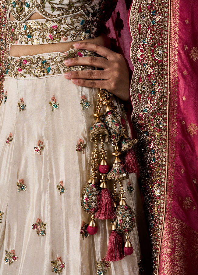 Mohey Women Pink and Cream Chinon Lehenga with Hand Embellished Skirt