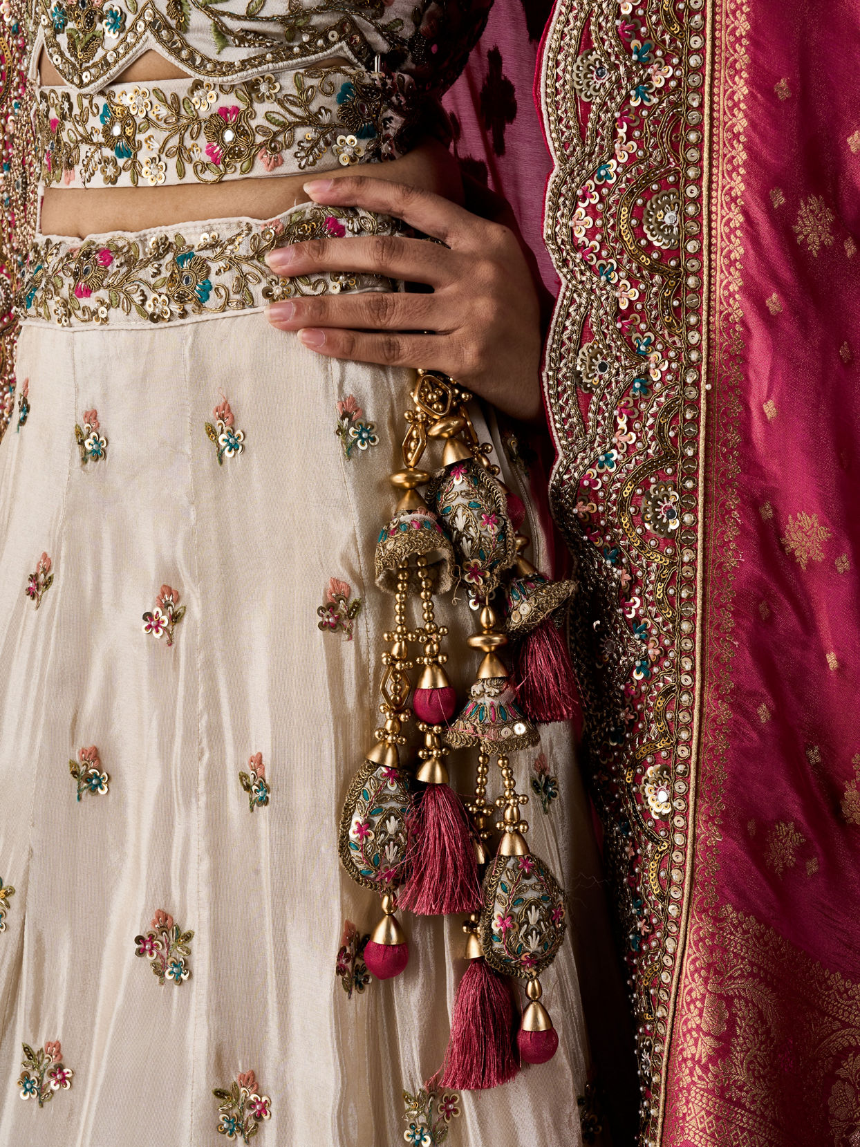 Mohey Women Pink and Cream Chinon Lehenga with Hand Embellished Skirt