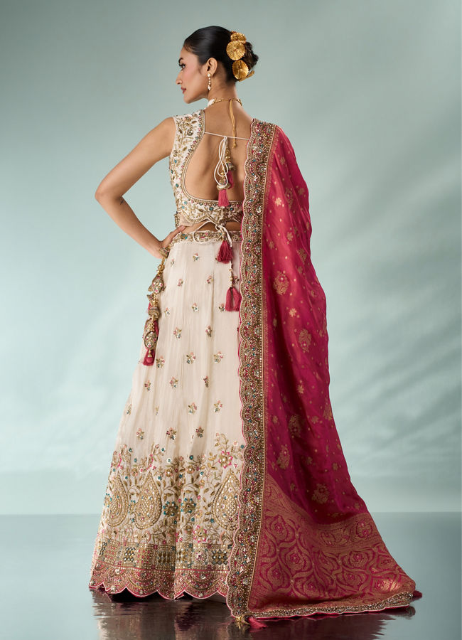 Mohey Women Pink and Cream Chinon Lehenga with Hand Embellished Skirt
