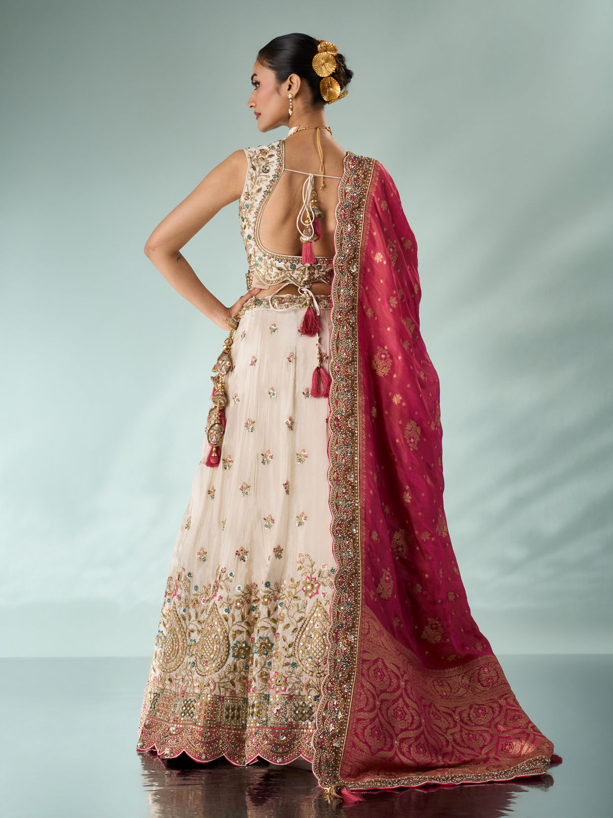 Mohey Women Pink and Cream Chinon Lehenga with Hand Embellished Skirt