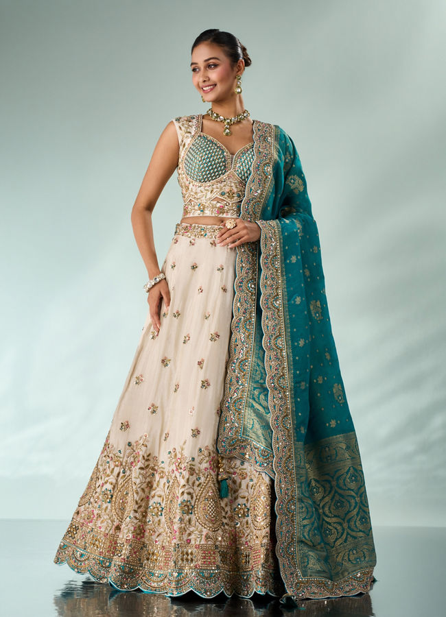 Mohey Women Light Blue Chinon Lehenga with Embroidery