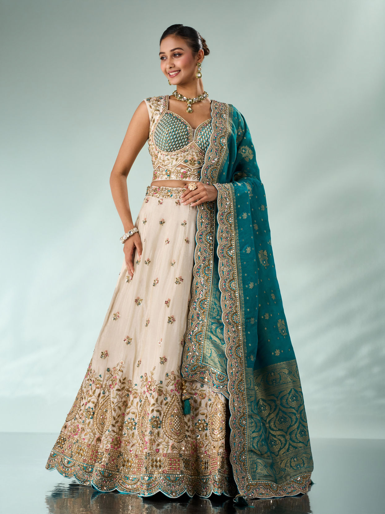 Mohey Women Light Blue Chinon Lehenga with Embroidery