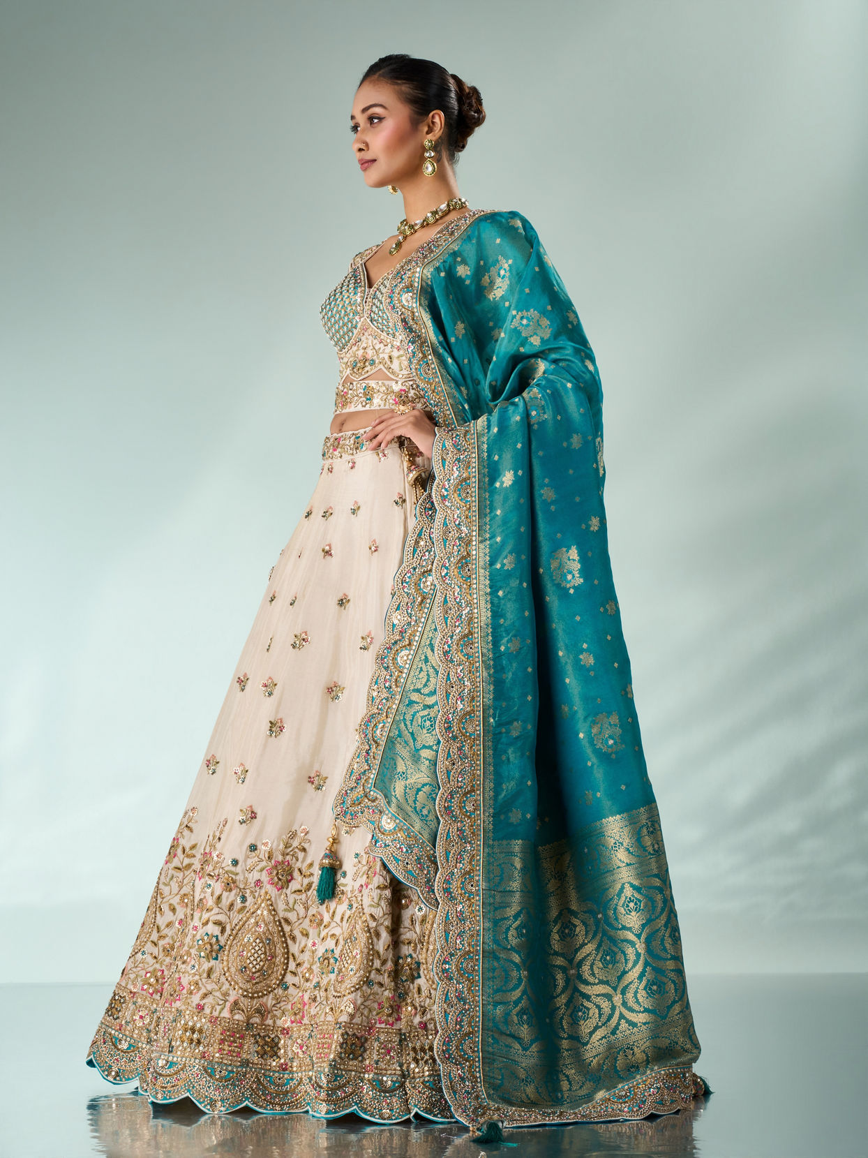 Mohey Women Light Blue Chinon Lehenga with Embroidery