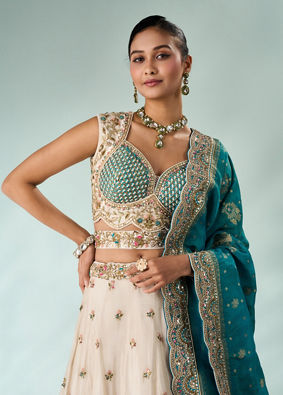Mohey Women Light Blue Chinon Lehenga with Embroidery