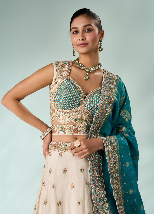 Mohey Women Light Blue Chinon Lehenga with Embroidery