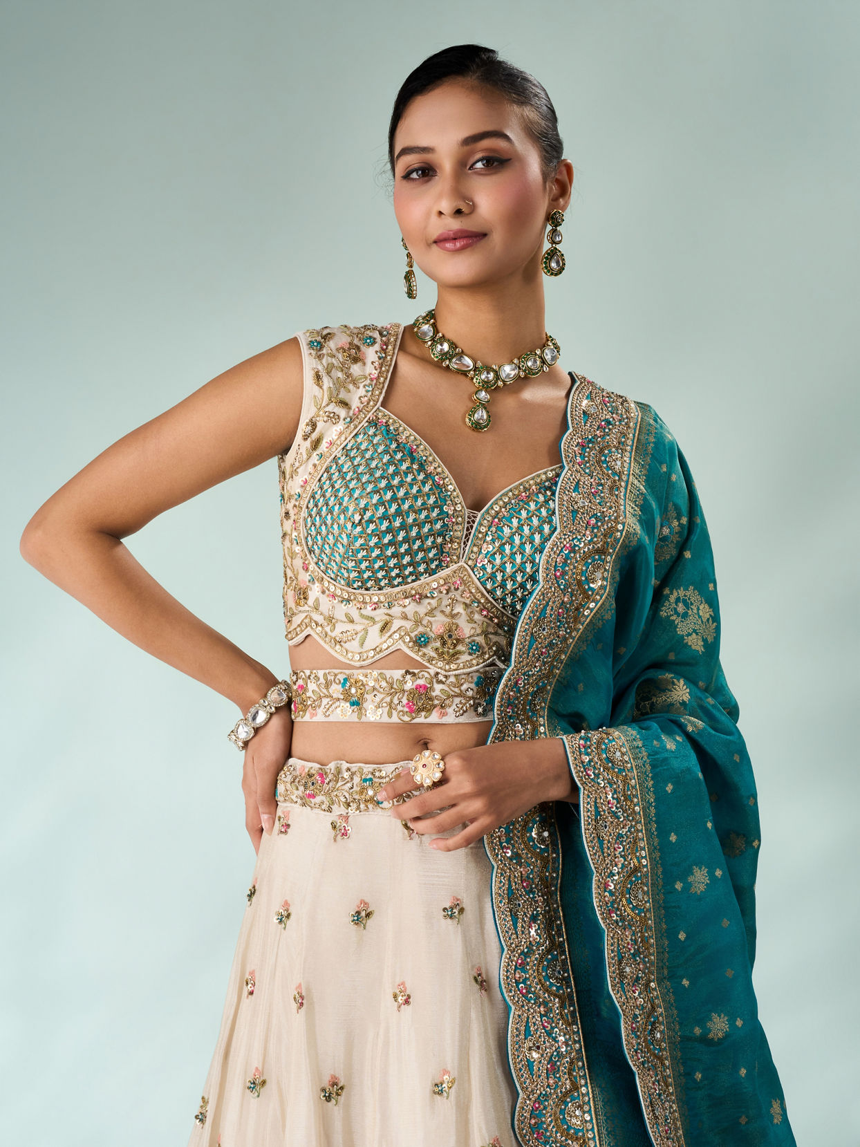 Mohey Women Light Blue Chinon Lehenga with Embroidery