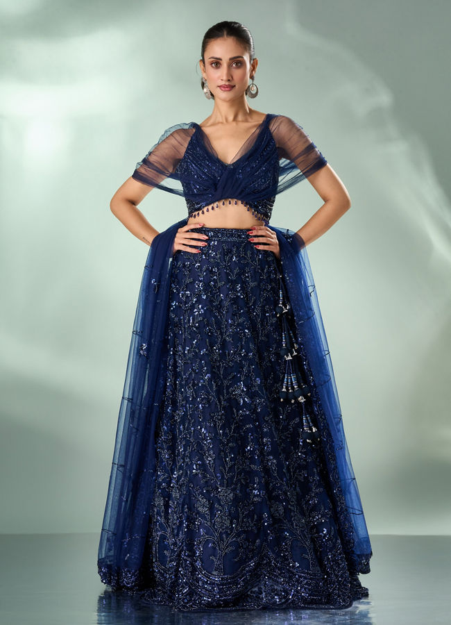 Mohey Women Indigo Blue Net Lehenga with Moti Work