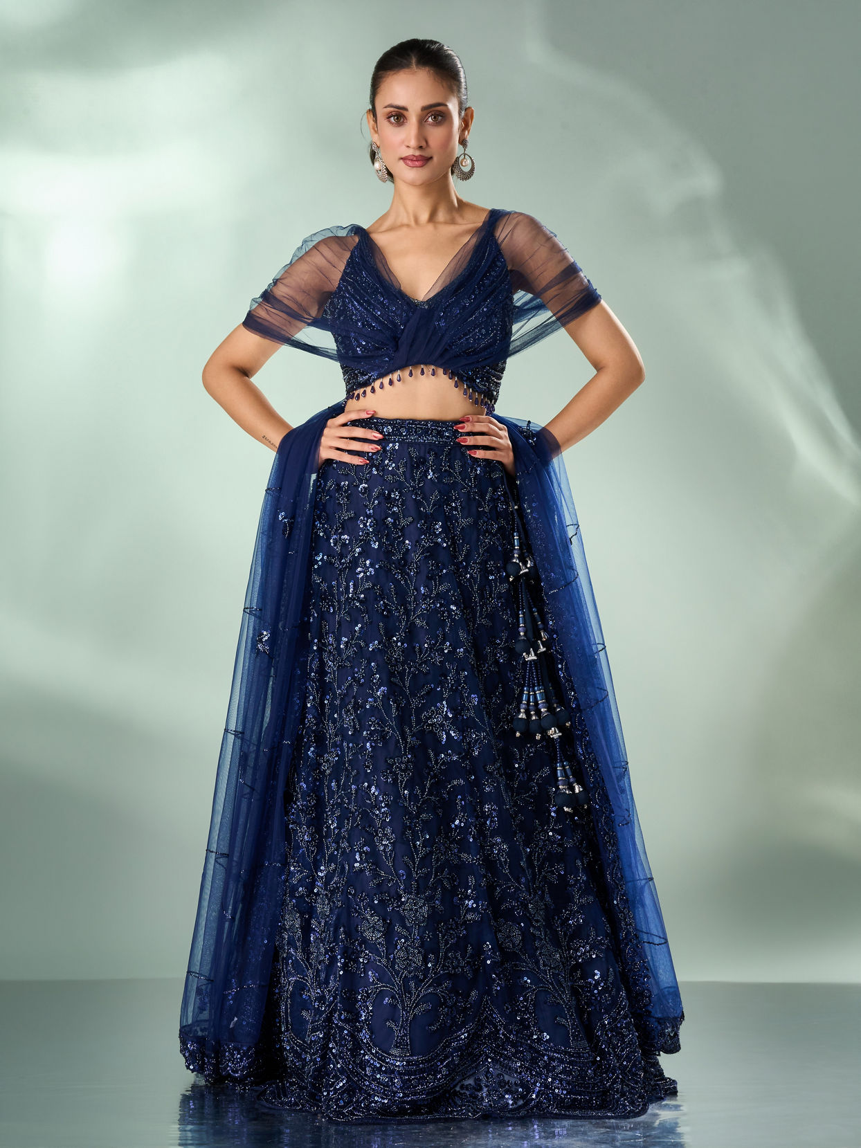 Mohey Women Indigo Blue Net Lehenga with Moti Work