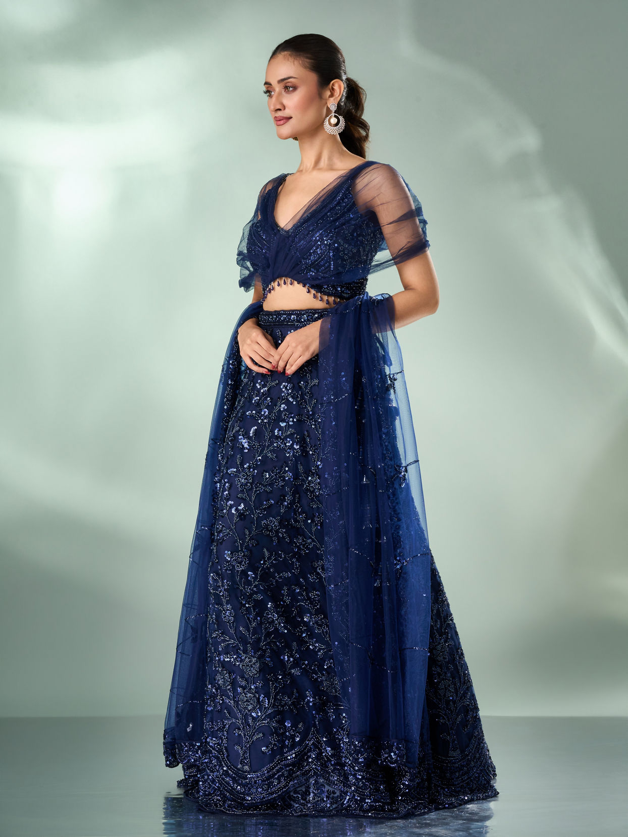 Mohey Women Indigo Blue Net Lehenga with Moti Work