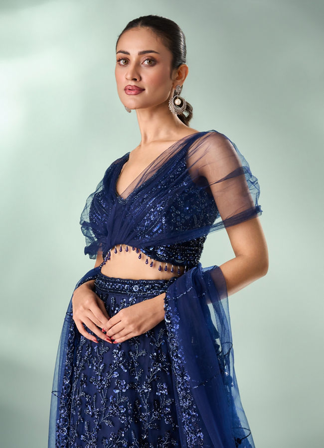Mohey Women Indigo Blue Net Lehenga with Moti Work