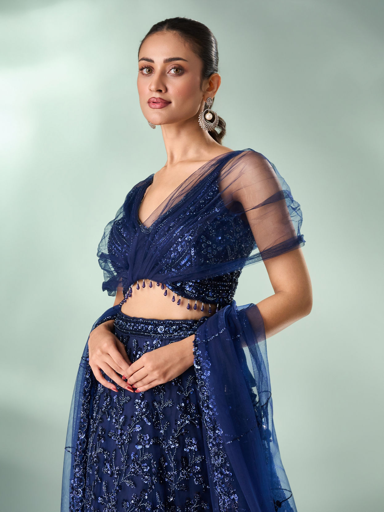 Mohey Women Indigo Blue Net Lehenga with Moti Work