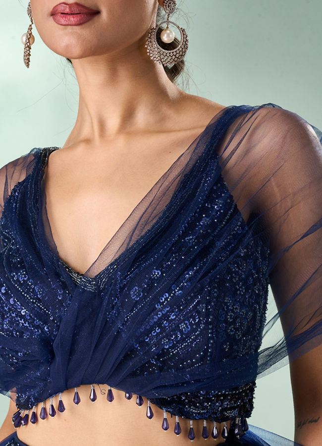 Mohey Women Indigo Blue Net Lehenga with Moti Work