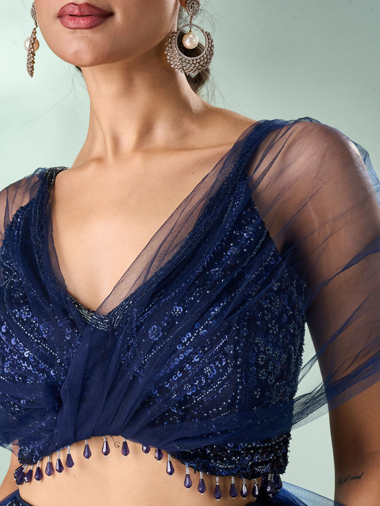 Mohey Women Indigo Blue Net Lehenga with Moti Work